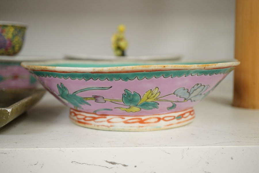 Three Chinese dishes, a famille rose stem cup, two hardstone threes and a soapstone dish
